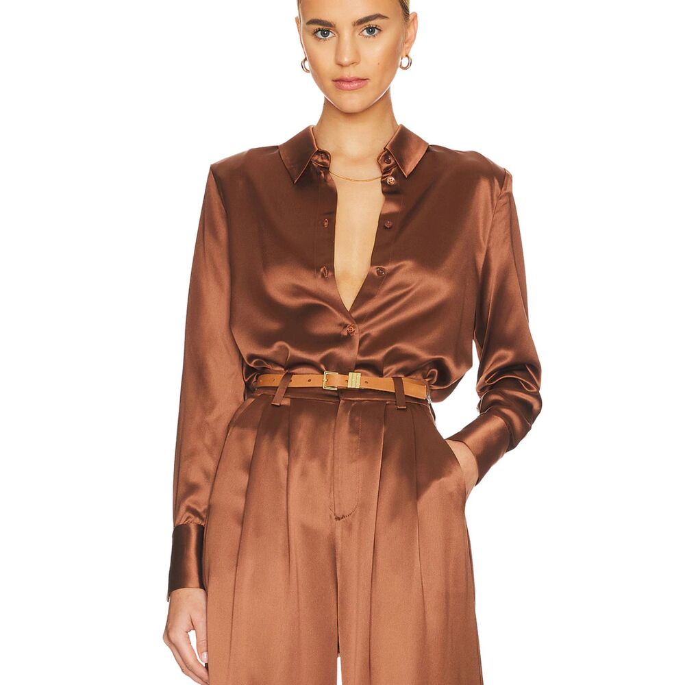 NONCHALANT Tegan Satin Button Down Blouse Brown Small NEW NWT‎